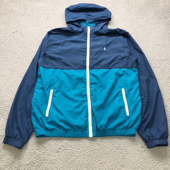 Volcom Mesh Lined Windbreaker Jacket Hoodie Mens Large Full Zip Teal Blue White - Picture 1 of 13